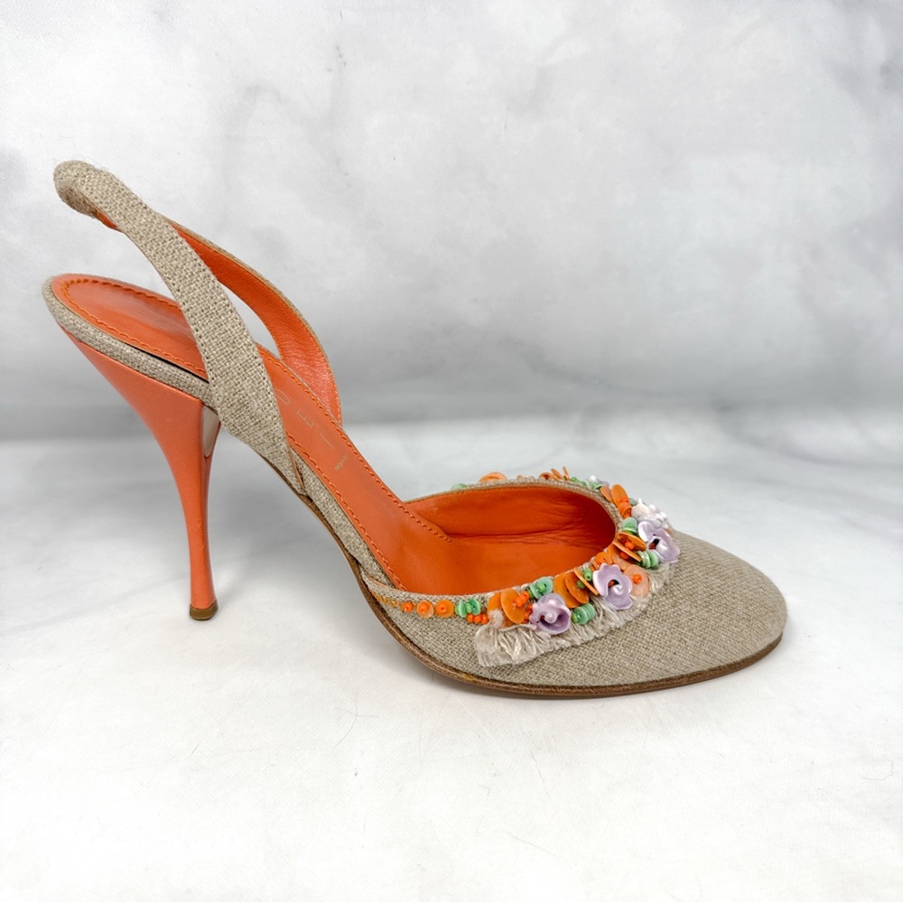 CASADEI Vintage Y2K Shell Beaded Burlap Canvas Leather Slingback Heels 2000s 8.5 - Picture 3 of 16